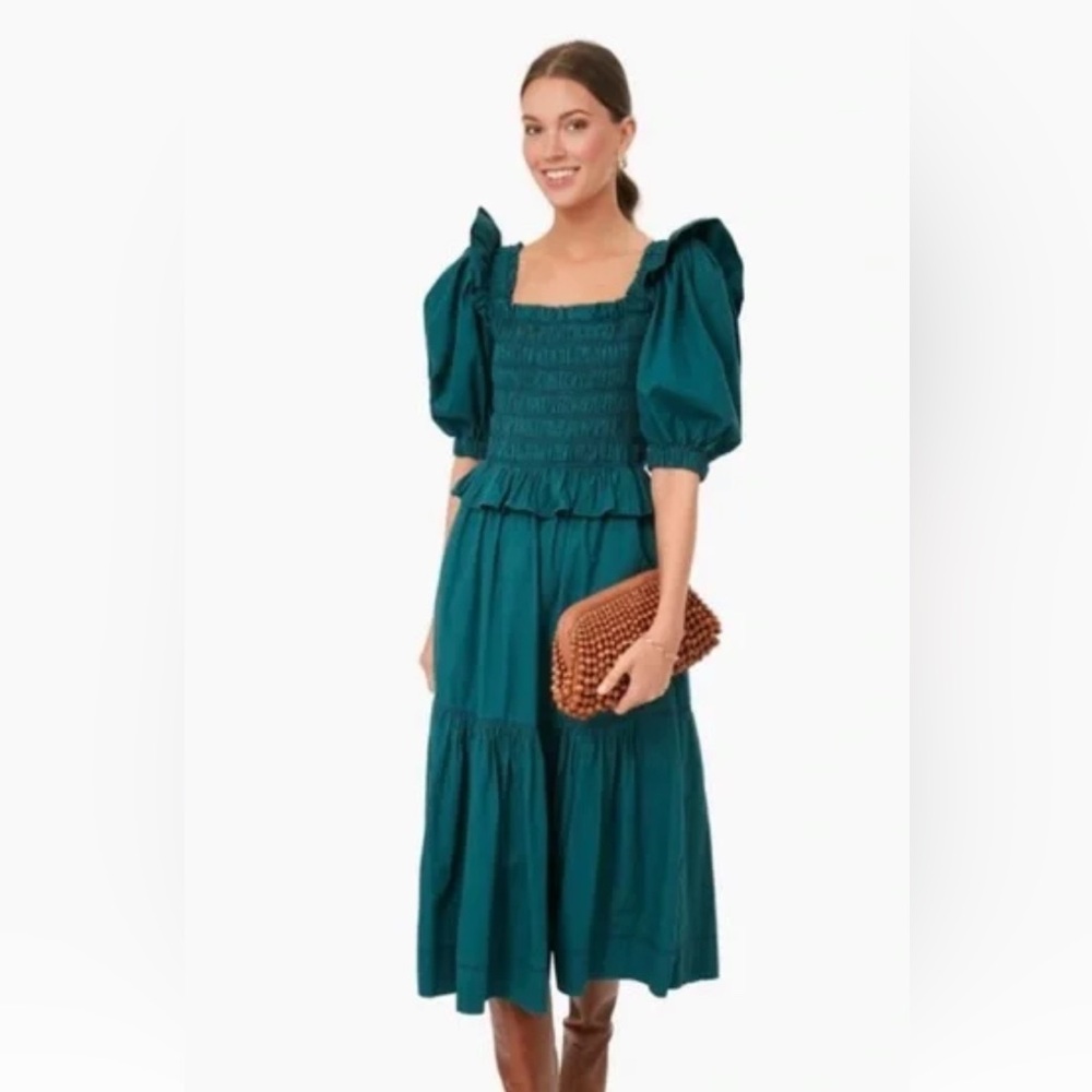 Sea Forest Sybil Solid Cotton Puff Sleeve Smocked Dress Size M